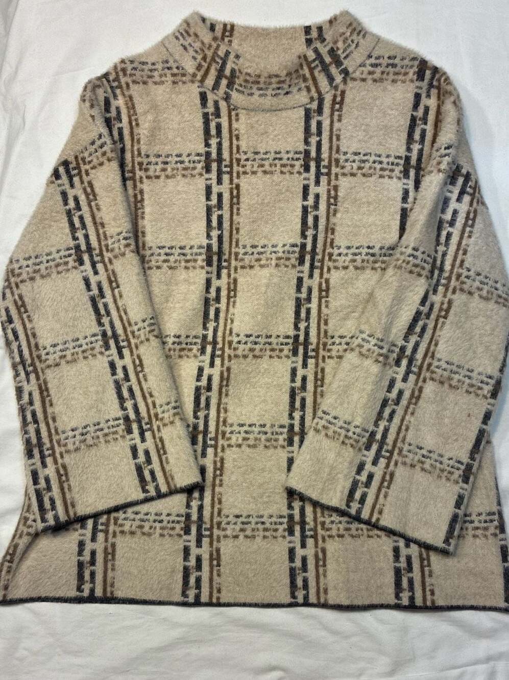 FOIL Plaid Fuzzy Knit Crewneck Sweater Tan and Black Size Medium